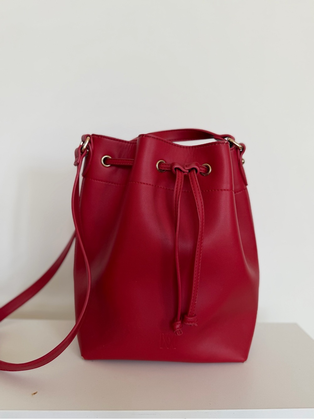 Red Women's Leather Bucket Bag - Sleek Drawstring Crossbody $55